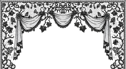 Elegant black lace drapery with floral and butterfly motifs, perfect for vintage decor and invitations.