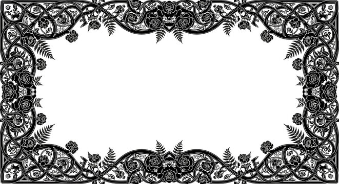 Elegant black floral border with intricate knotwork and roses, classic decorative frame design