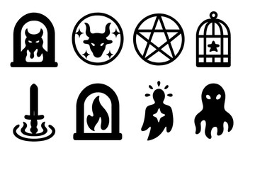 Summoning Sorcery Icons. Solid, filled icon set of summoning sorcery: demon portal, beast sigil, calling circle, magical cage, summoned sword, elemental gate,