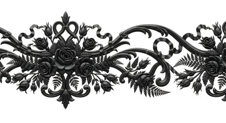Elegant black floral ornament with roses and ferns, classic baroque scrollwork design