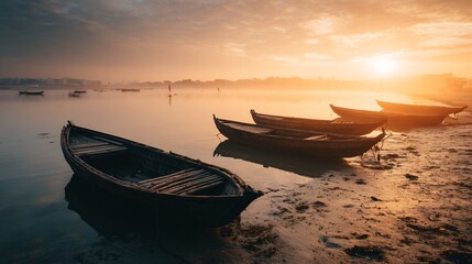 Fototapeta premium Golden sunrise over wooden boats anchored misty shoreline dreamy cultural stock image symbolizing peace travel destinations and timeless maritime traditions