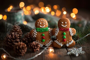 Whimsical Gingerbread Couple with Festive Bokeh Lights and Pinecones.