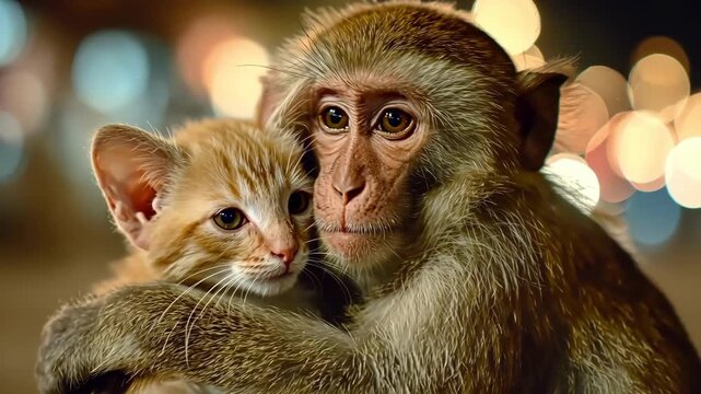A heartwarming image of a monkey tenderly embracing a small kitten.