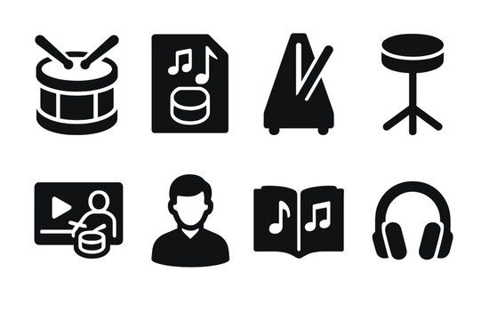 Cadence Education Icons. Solid, filled icon set of cadence education: drum lesson, sheet music, metronome, practice pad, video tutorial, instructor, music