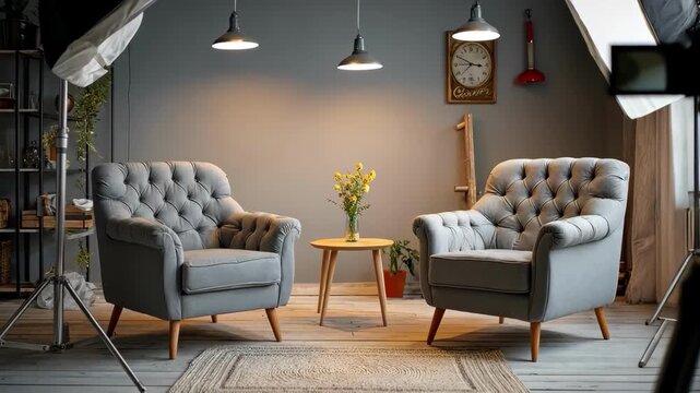 Studio setup with armchairs, lights, and camera ready for a professional photoshoot.