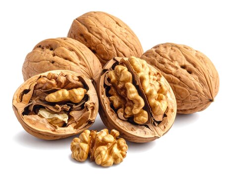 Close-up of whole and halved walnuts - Powered by Adobe