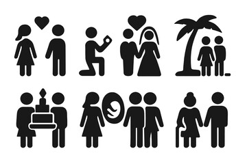 Relationship Milestones Icons. Solid, filled icon set of couple relationship stages: dating, engagement, wedding, honeymoon, anniversary, family planning,