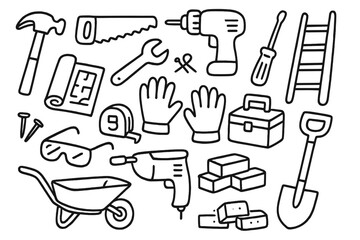 Construction Tools Doodle. Hand-drawn doodle illustration construction workers tools hammer, saw, wrench, screwdriver, drill, tape measure, ladder, toolbox,
