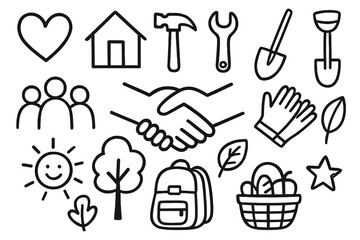 Obraz premium Community Recovery Doodle. Hand-drawn doodle illustration community recovery handshake, heart, house, hammer, wrench, shovel, broom, group of people, gloves,