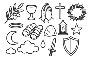 Gethsemane Symbol Doodles. Hand-drawn doodle illustration Symbols of Gethsemane olive branch, cup, praying hands, cross, crown of thorns, halo, sandals, rock,