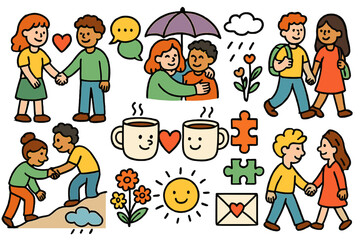 Naklejka premium Together Through Challenges. Couples supporting each other through challenges. Colorful Hand-drawn doodle Children illustration Couple holding hands, heart