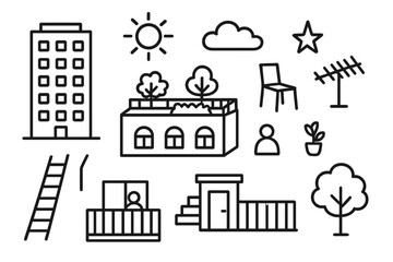 Fototapeta premium Rooftop Garden Icons. Hand-drawn doodle illustration Rooftop spaces high-rise tower, rooftop garden, antenna, chair, potted plant, sun, cloud, star, balcony,