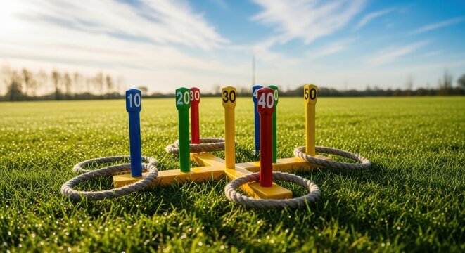 Ring toss game in open field under blue sky, colorful and playful game