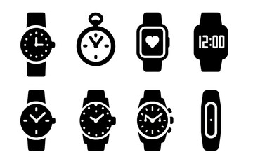 Watch Icon Collection. Solid, filled icon set of watch types: wristwatch, pocket watch, smartwatch, digital watch, analog watch, diving watch, chronograph,