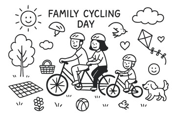 Fototapeta premium Family Cycling Doodles. Hand-drawn doodle illustration Family cycling day [tandem bike, child bike, helmet, sun, cloud, tree, picnic basket, blanket, ball,