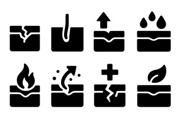 Skin Healing Icons. Solid, filled icon set of cracked skin healing process: new skin, scar formation, skin regeneration, hydration, reduced inflammation,