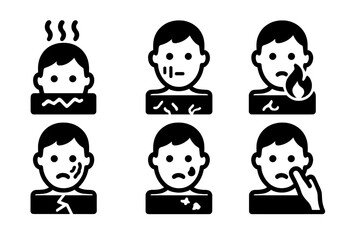 Windburn Skin Icons. Solid, filled icon set of windburn related skin issues: dryness, redness, irritation, inflammation, cracking, peeling, flaking, itching.