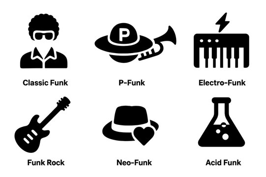 Funk Style Icons. Solid, filled icon set of funk styles: classic funk, P-Funk, jazz-funk, electro-funk, funk rock, neo-funk, funk soul, acid funk. Solid,