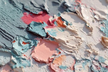 Naklejka premium Close-up view of an abstract painting, showcasing thick layers of paint in various pastel colors, including blues, pinks, and creams.