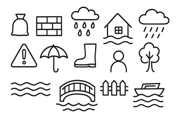 Fototapeta premium Flood Protection Doodles. Hand-drawn doodle illustration Flood protection sandbag, wall, levee, house, tree, warning sign, raindrop, umbrella, boot, person