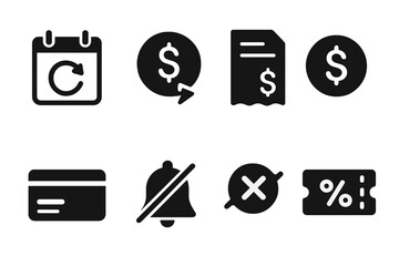 Subscription Billing Icons. Solid, filled icon set of subscription billing: calendar renewal, auto-pay, invoice, dollar sign, credit card, cancel subscription,
