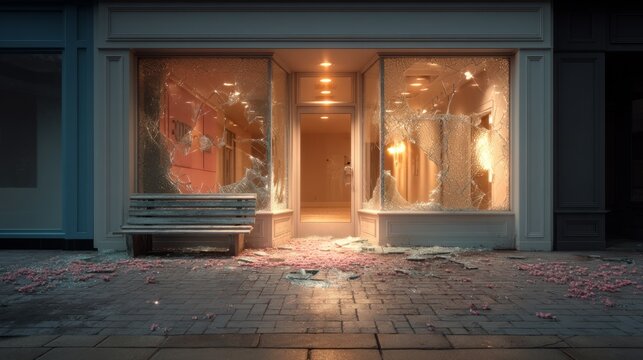 Abandoned Storefront with Broken Glass and Messy Floor at Nighttime Urban Setting