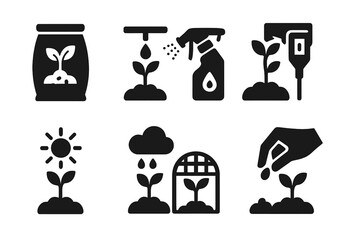 Organic Plant Care Icons. Solid, filled icon set of organic bean plant care: natural fertilizer, drip irrigation, pest control spray, soil testing kit, sun,