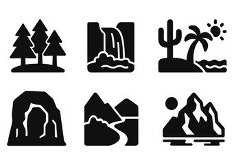 Nature Icons Collection. Solid, filled icon set of natural landscapes: forest, waterfall, desert, beach, cave, valley, hill, glacier. [Line icons in only black
