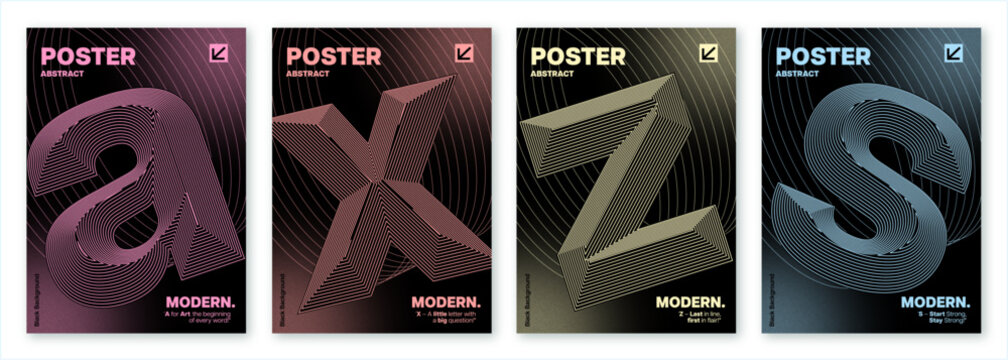 Posters or covers with modern abstract design with thin lines and 3D look of the letters. Templates for Poster, Banner, Flyer, Cover, Printing etc., 