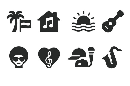 Music Genre Icons. Solid, filled icon set of vibes music genres: reggae, house, chillwave, indie, funk, soul, hip hop, jazz. Solid, filled icons in only black
