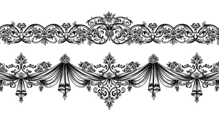 Elegant vintage floral borders with ornate scrollwork and draped fabric, perfect for invitations or decor.