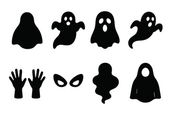 Obraz premium Ghostly Icon Set. Solid, filled icon set of ghostly figures: transparent silhouette, floating spirit, haunted face, ghost trail, spectral hands, eerie eyes,