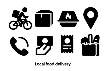 Food Delivery Icons. Solid, filled icon set of local food delivery: bicycle courier, delivery box, food container, map pin, phone order, cash payment, receipt,