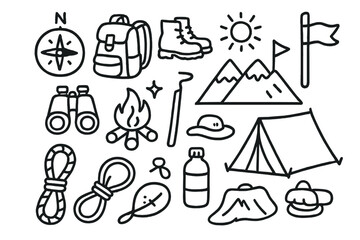 Obraz premium Adventure Doodle Icons. Hand-drawn doodle illustration adventure genre map, compass, backpack, boots, walking stick, mountain, flag, binoculars, campfire,