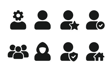 Account Type Icons. Solid, filled icon set of account types: admin account, guest account, premium account, trial account, family account, anonymous user,