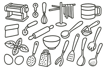 Obraz premium Pasta Utensils Doodle. Hand-drawn doodle illustration [utensils for pasta making] [pasta roller, ravioli cutter, pasta drying rack, flour sifter, dough knife,