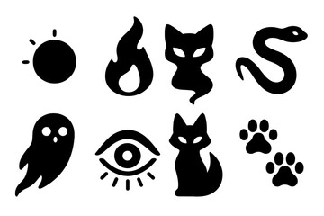 Spirit Familiar Icons. Solid, filled icon set of spirit familiars: glowing orb, ghost flame, wraith cat, energy snake, mist owl, floating eye, spirit fox,