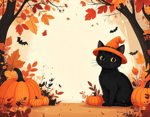 A cute, black cat with a witch hat, sitting in a whimsical, cartoon-style autumn forest with pumpkins and bats. A fun Halloween illustration. Generative AI