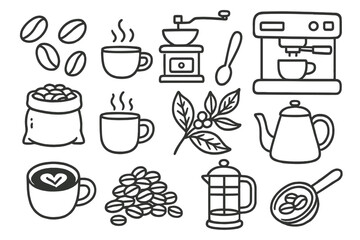 Coffee Essentials Doodle. Hand-drawn doodle illustration Coffee Beans, coffee cup, coffee grinder, espresso machine, sack of beans, steaming mug, spoon, coffee