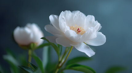 Fototapeta premium Purity in Bloom: Delicate white peony flowers are showcased, their soft petals unfurling in a close-up against a subtle backdrop, symbolizing growth, beauty, and the ephemeral nature of life.