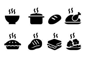Warming Foods Icons. Solid, filled icon set of warming foods: soup bowl, stew pot, bread loaf, roasted chicken, baked pie, grilled steak, hot sandwich,