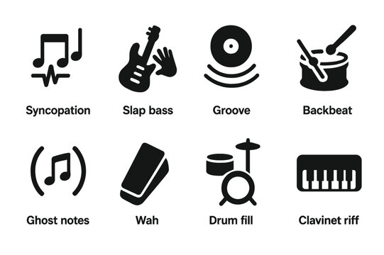 Funk Rhythm Icon Set. Solid, filled icon set of funk rhythm elements: syncopation, slap bass, groove, backbeat, ghost notes, wah pedal, drum fill, clavinet