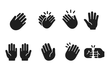 Obraz premium Clapping Gesture Icons. Solid, filled icon set of clapping hands gestures: single clap, double clap, applause, slow clap, hands raised, high five, hand wave,