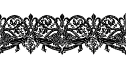 Elegant black baroque flourish with roses and fleur de lis adds timeless sophistication