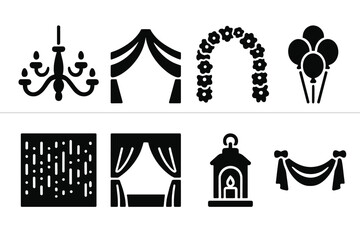 Fototapeta premium Banquet Decor Icons. Solid, filled icon set of banquet hall decor: chandelier, draped ceiling, floral arch, balloon arrangement, light curtain, stage backdrop,