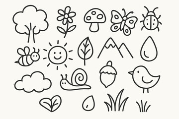 Nature Doodle Icons. Hand-drawn doodle illustration Nature-themed chalk drawings [tree, flower, mushroom, butterfly, bug, bee, sun, leaf, mountain, water drop,