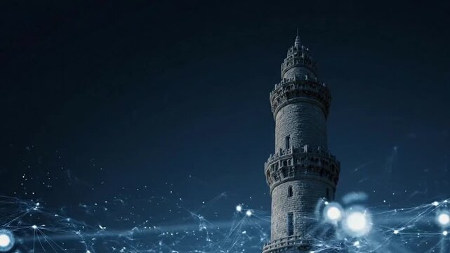 of circles nodes, a tower at connected classic the a of a screen background a a sky center network by lines, surrounded midevil a with base of its tower and in representing bule technical o 26819468 1