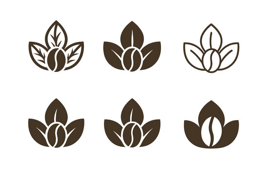 Stylized Coffee Logos. Coffee. Set Logo of coffee: Coffee leaf icon. harmonious logo variations of the same emblematic concept (Stylized detail, Symmetrical