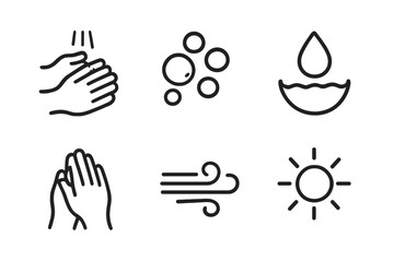 Fototapeta premium Purification Process Icons. Solid, filled icon set of purification process: washing hands, rinsing, soap bubbles, clean water, drying hands, air