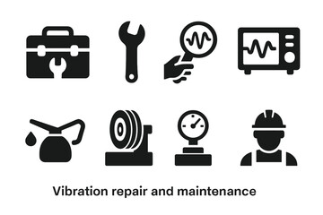 Vibration Repair Icons. Solid, filled icon set of vibration repair and maintenance: tool kit, wrench, inspection, vibration analyzer, lubrication, balancing